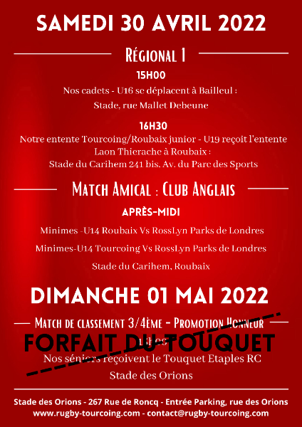 Affiche Matchs - Samedi 30 Avril 2022
