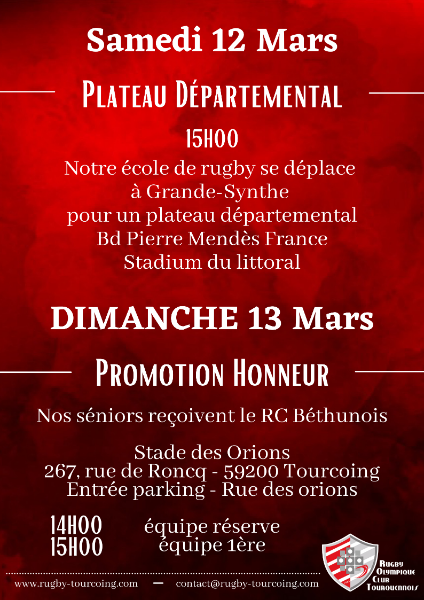 Affiche match - Samedi 12 Mars et Dimanche 13 Mars